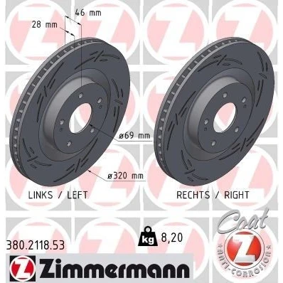 Imagem de ZIMMERMANN Disco de travão MITSUBISHI: OUTLANDER 3 28mm 7/5 5furos 114mm interior ventilado, fendido revestido 380.2118.53 4615A230 Discos