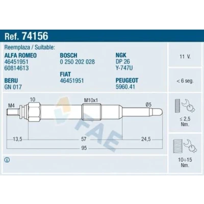 Imagem de FAE 74156 Vela incandescente 11V M10x100 ALFA ROMEO: 156 Sportwagon, Sedan, FIAT: BRAVO 1