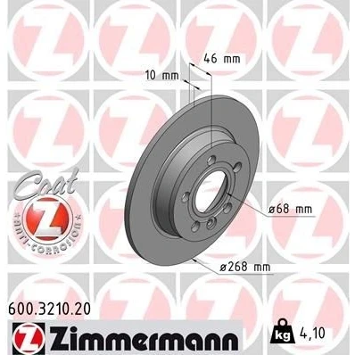 Imagem de ZIMMERMANN COAT Z 600.3210.20 Disco de travão 268 10 6/5 5 112 cheio revestido SEAT: Alhambra I, VOLKSWAGEN: Sharan FORD: Galaxy Mk1 MPV