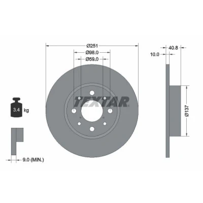 Imagem de TEXTAR PRO 92202303 Disco de travão 251 10 04/08 98 cheio revestido sem pernos fixação da roda, cubo roda ALFA ROMEO: MiTo