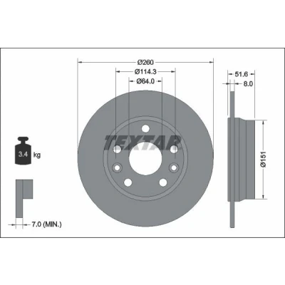 Imagem de TEXTAR 92337703 Disco de travão 260 8 05/07 114,3 cheio revestido sem o rolamento da roda, pernos fixação cubo roda