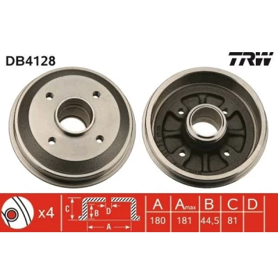 Imagem de TRW DB4128 Tambor de Travão CITROËN: Xsara Coupe, ZX Hatchback, AX PEUGEOT: 306 Hatchback
