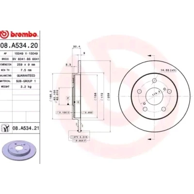 Imagem de BREMBO COATED DISC LINE 08.A534.21 Disco de travão 259 9 5 cheio revestido TOYOTA: Auris Hatchback, Corolla X Sedan, XI Sedan