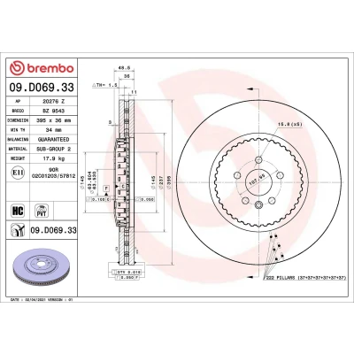 Imagem de BREMBO 09.D069.33 disco de travão 395 36 5 duas peças, interior ventilado revestido alto carbono