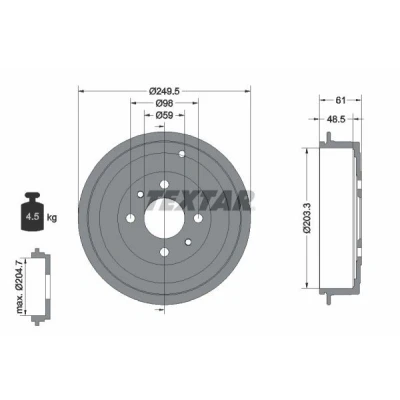 Imagem de TEXTAR 94019900 Tambor de Travão sem o rolamento da roda, pernos fixação cubo roda 250 FIAT: Punto II Hatchback, BRAVO 1