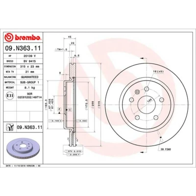 Imagem de BREMBO 09.N363.11 Disco de travão 315 23 5 interior ventilado revestido OPEL: Insignia B Grand Sport, Sports Tourer