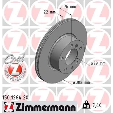 Imagem de ZIMMERMANN Disco de travão BMW: 5 Sedan, Touring, 7 COAT Z 302mm 22mm 7/5 5furos 120mm interior ventilado revestido alto carbono 150.1264.20