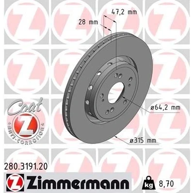 Imagem de ZIMMERMANN 280.3191.20 Disco de travão 315 28 9/5 5 114 ventilado fora revestido HONDA: CR V 4