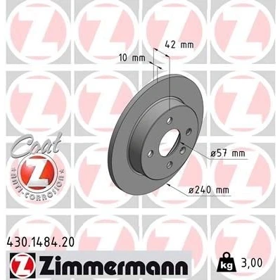 Imagem de ZIMMERMANN COAT Z 430.1484.20 Disco de travão 240 10 5/4 4 100 cheio revestido alto carbono OPEL: Astra H GTC, Caravan, Hatchback