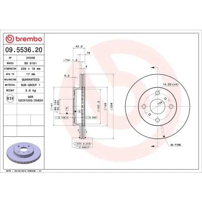 Imagem de BREMBO 09.5536.20 Disco de travão 238 18 4 interior ventilado TOYOTA: Starlet IV Hatchback, V Paseo Coupe