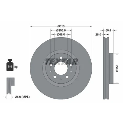 Imagem de TEXTAR PRO 92126603 Disco de travão 316 28 05/10 108 ventilado fora revestido sem pernos fixação da roda, cubo roda VOLVO: S60 I, XC90 I