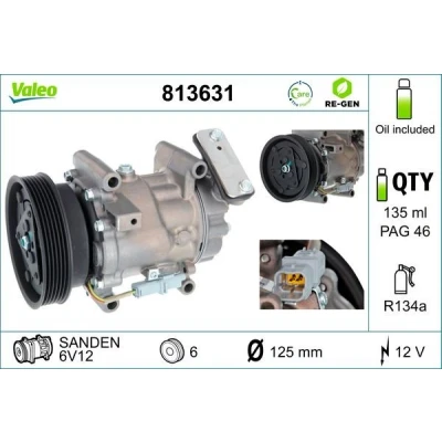Imagem de VALEO 813631 compressor 6V12 12 PAG 46 R 134a com óleo de REMANUFACTURED RENAULT: CLIO 3, Kangoo II Express