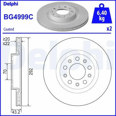 Imagem de DELPHI BG4999C Disco de travão 292 22 5 ventilado, perfurado/ventilado revestido não tratado sem o rolamento da roda, anel sensor do ABS
