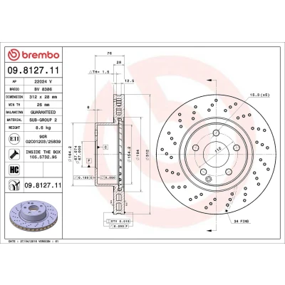 Imagem de BREMBO COATED DISC LINE 09.8127.11 Disco de travão 312 28 5 perfurado/ventilado revestido alto carbono com parafusos MERCEDES BENZ: Classe S Sedan