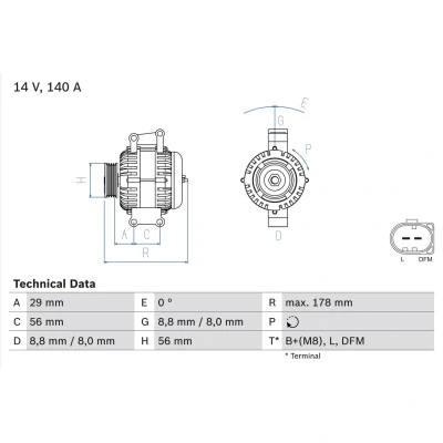 Imagem de BOSCH 0 986 046 180 Alternador 14V 140A AUDI: A6 C5 Sedan, A4 B6 Avant, VOLKSWAGEN: Passat GOLF 6, SEAT: Leon II Hatchback
