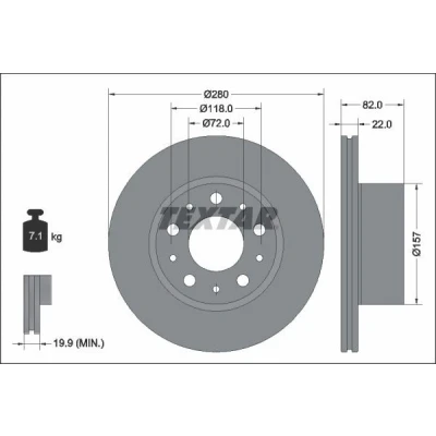 Imagem de TEXTAR 92344903 Disco de travão 280 22 05/10 118 interior ventilado revestido sem o rolamento da roda, pernos fixação cubo roda