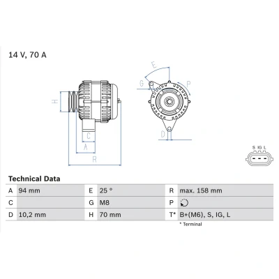 Imagem de BOSCH 0 986 045 891 Alternador 14V 70A TOYOTA: Land Cruiser Prado 90, HILUX 5 Pick up, 6 up
