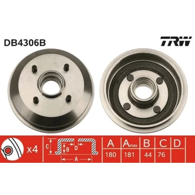 Imagem de TRW DB4306B Tambor de Travão com chumaceira, sem anel sensor do ABS FORD: FIESTA 4, 3, Escort 6 Kombi
