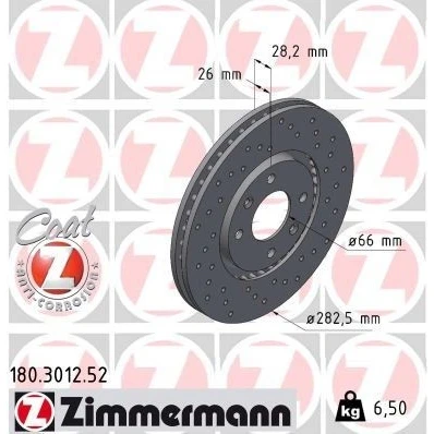 Imagem de ZIMMERMANN SPORT COAT Z 180.3012.52 Disco de travão 282 26 6/4 4 108 ventilado fora, perfurado revestido PEUGEOT: 406 Carrinha, Sedan