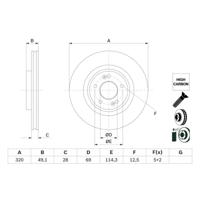 Imagem de BOSCH 0 986 479 F35 Disco de travão 320 28 5 114,3 ventilado revestido alto carbono com parafusos KIA: SORENTO 3, HYUNDAI: SANTA FE 3
