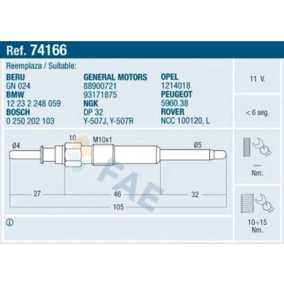 Imagem de FAE 74166 Vela incandescente 11V M10x100 BMW: 3 Sedan, 5 Touring, LAND ROVER: Freelander I SUV, MG: ZT T Carrinha
