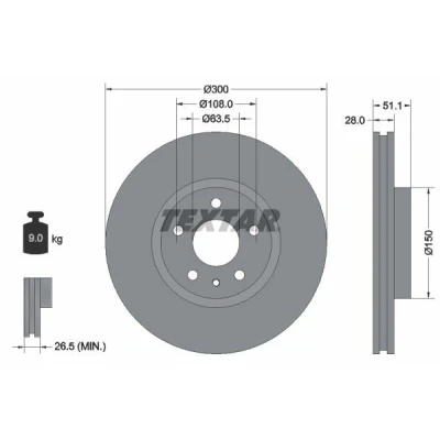 Imagem de TEXTAR 92268605 Disco de travão 300 28 05/06 108 interior ventilado revestido alto carbono sem pernos fixação da roda, cubo roda