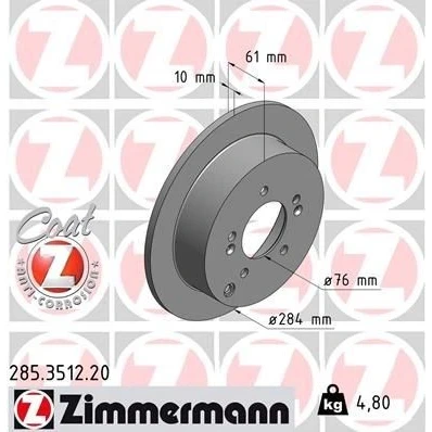 Imagem de ZIMMERMANN COAT Z 285.3512.20 Disco de travão 284 10 8/5 5 114 cheio revestido KIA: Sportage II, III, HYUNDAI: Trajet, ix35, Santa Fe I