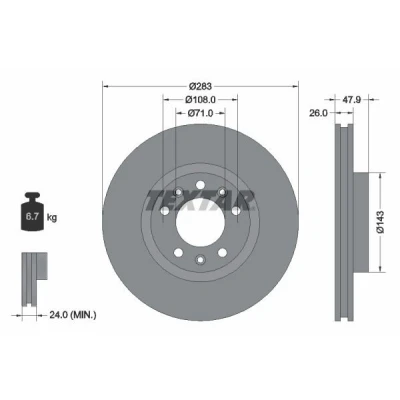 Imagem de TEXTAR PRO 92267903 Disco de travão 283 26 05/08 108 interior ventilado revestido sem pernos fixação da roda, cubo roda PEUGEOT: 308 SW 2