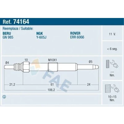 Imagem de FAE 74164 Vela incandescente 11V M10x100 LAND ROVER: Discovery 2, Defender SUV