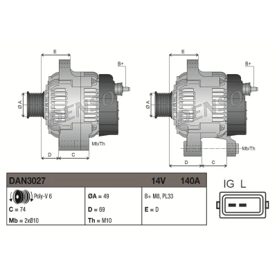 Imagem de DENSO Alternador 14V 140A 49mm BMW: X5 DAN3027