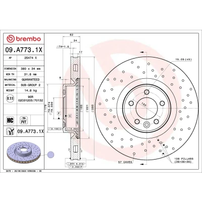 Imagem de BREMBO Disco de travão LAND ROVER: Range Rover Sport 380mm 34mm 5 perfurado/ventilado revestido alto carbono 09.A773.1X Discos