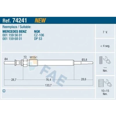 Imagem de FAE 74241 Vela incandescente 7V M 10x1 MERCEDES BENZ: Classe E Sedan, T modell, C modell