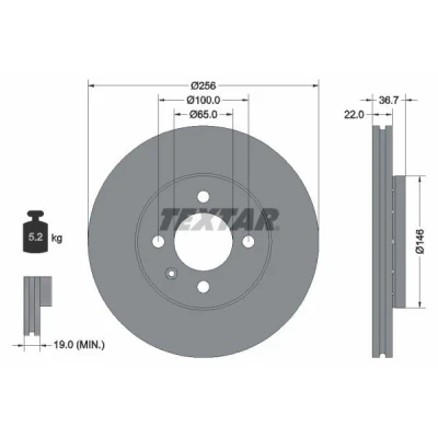 Imagem de TEXTAR PRO 92287003 Disco de travão 256 22 04/05 100 ventilado fora revestido sem pernos fixação da roda, cubo roda