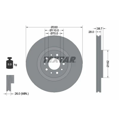 Imagem de TEXTAR PRO 92145103 Disco de travão 330 28 05/10 110 interior ventilado revestido sem pernos fixação da roda, cubo roda