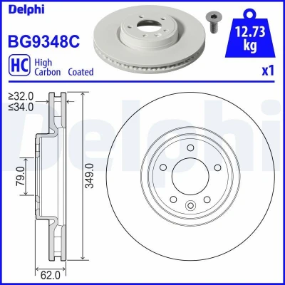 Imagem de DELPHI BG9348C Disco de travão 349 34 5 ventilado revestido alto carbono sem o rolamento da roda, anel sensor do ABS LAND ROVER: Range Rover 4