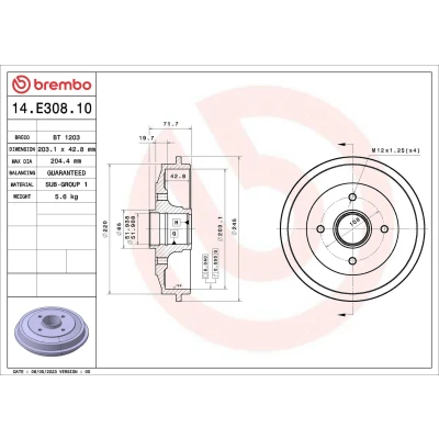 Imagem de BREMBO 14.E308.10 Tambor de Travão sem jogo rolamentos roda 203,1 PEUGEOT: 206 Hatchback, SW, 1007 CITROËN: C2 Hatchback