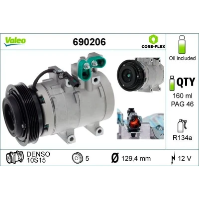 Imagem de VALEO 690206 compressor 10S15 12V PAG 46 R134a com óleo de