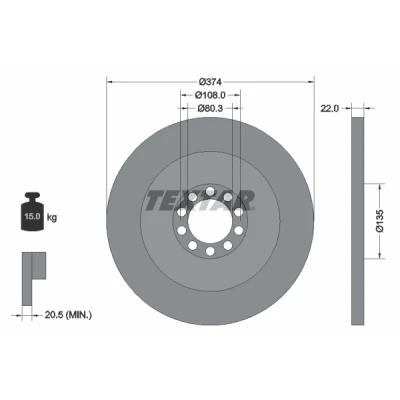 Imagem de TEXTAR 93015500 Disco de travão 374 22 10/10 108 cheio sem pernos fixação da roda, cubo roda