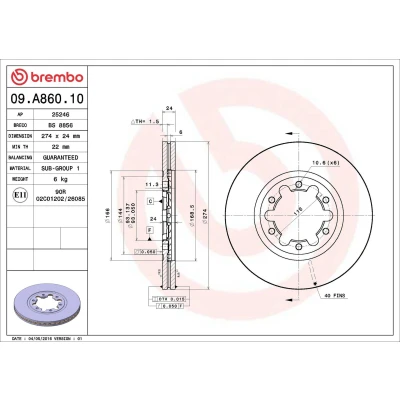 Imagem de BREMBO 09.A860.10 Disco de travão 274 24 6 interior ventilado FORD: Ranger Mk2, MAZDA: Série B Pick up