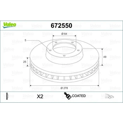 Imagem de VALEO 672550 Disco de travão Eixo dianteiro 278 25 5 ventilado revestido VOLVO: V40 Hatchback, V50, C30, FORD: Focus 2, 2 Kombi, C Max