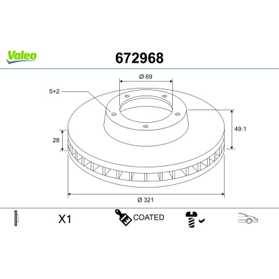 Imagem de VALEO Disco de travão HYUNDAI: SANTA FE 2, 3, KIA: SORENTO 3 Eixo dianteiro 321mm 28mm 5furos ventilado revestido 672968