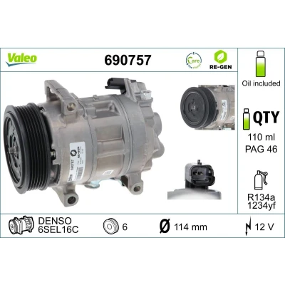 Imagem de VALEO 690757 compressor 5SE 12 PAG 46 R 134a, 1234yf com óleo de PEUGEOT: 308 I SW, 5008 I, 3008 CITROËN: C4 Hatchback