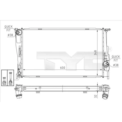 Imagem de TYC 703 0008 Radiador, arrefecimento do motor 600 348 32 Aletas de refrigeração soldadas BMW: 1 Hatchback, 3 Coupe, Touring