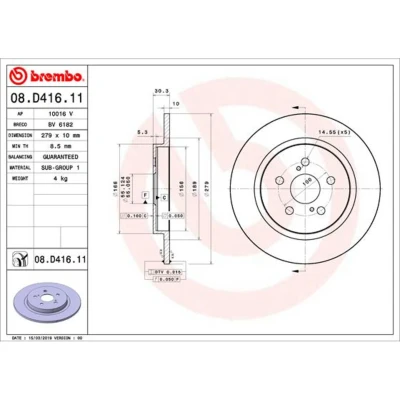 Imagem de BREMBO 08.D416.11 Disco de travão 279 10 5 cheio revestido TOYOTA: Urban Cruiser, LEXUS: CT