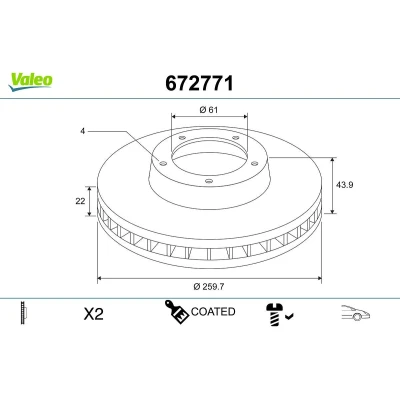 Imagem de VALEO Disco de travão NISSAN: MICRA 4, Note II Hatchback Eixo dianteiro 260mm 22mm 4furos ventilado revestido 672771 402061HA0A,402061HA0B,402061HA0H