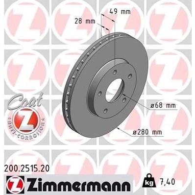 Imagem de ZIMMERMANN COAT Z 200.2515.20 Disco de travão 280 28 5/5 5 114 interior ventilado revestido NISSAN: X Trail, Primera Carrinha, Sedan