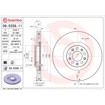 Imagem de BREMBO Disco de travão 350mm 28mm 5 interior ventilado revestido 09.E259.11 Discos