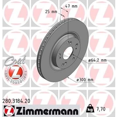 Imagem de ZIMMERMANN COAT Z 280.3184.20 Disco de travão 300 25 9/5 5 114 interior ventilado revestido HONDA: CIVIC 8 Hatchback, 8, CR V 2