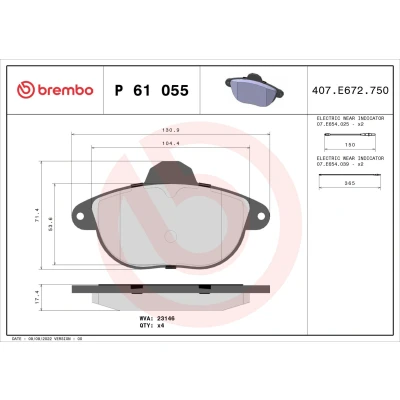Imagem de BREMBO P 61 055 Jogo de pastilhas para travão disco incl. contacto aviso desgaste sem acessórios CITROËN: Xantia Hatchback, Carrinha