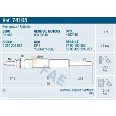 Imagem de FAE 74165 Vela incandescente 11V M10x100 RENAULT: CLIO 2, 2 Kasten, Kangoo I Express